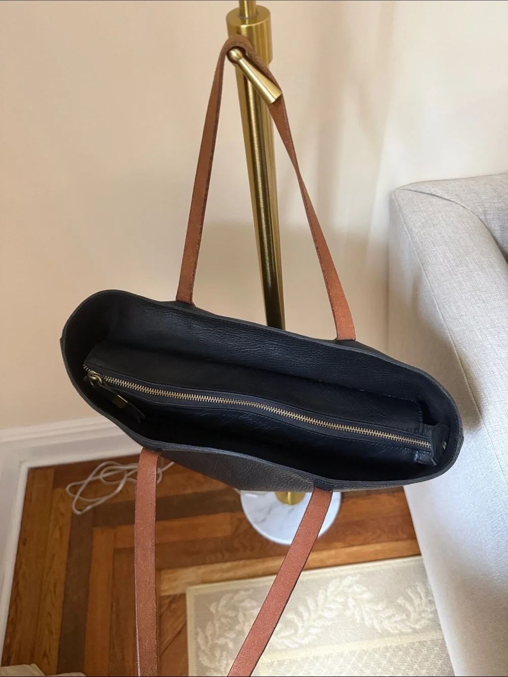Madewell Classic Black Leather Tote with Brown Handles